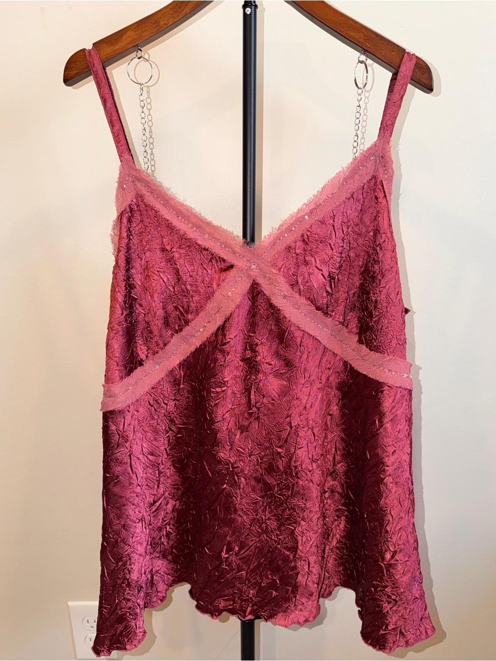 Venezia Y2K Burgundy Crushed Satin Lace Cami Top